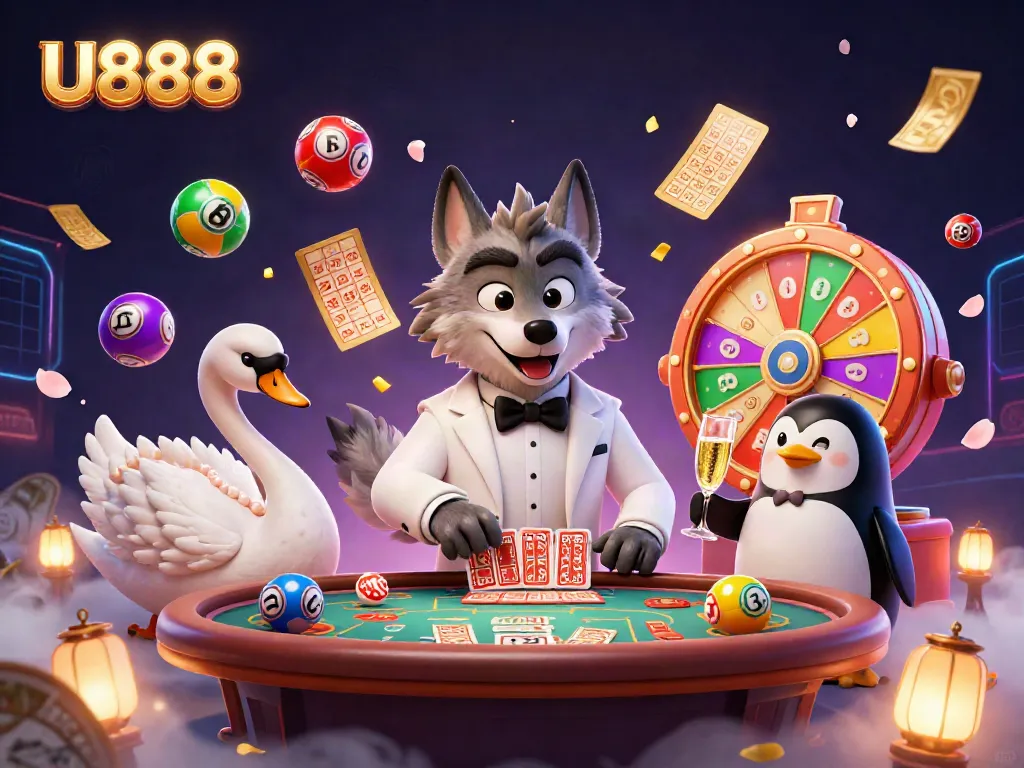 Experience thrilling U888 action with a debonair wolf and elegant swan in a vibrant casino setting.
