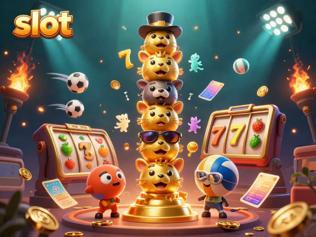 Slot mesin dengan tokoh kartun beruang, uang, dan bola olahraga terbang