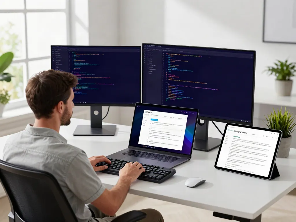 Developer using v2rayN in a modern workspace with dual monitors and natural lighting.