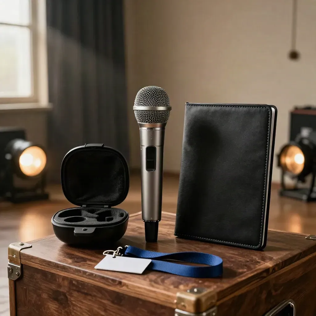 Speaking kit with microphone, case, lanyard loop and folio beside a studio spotlight.
