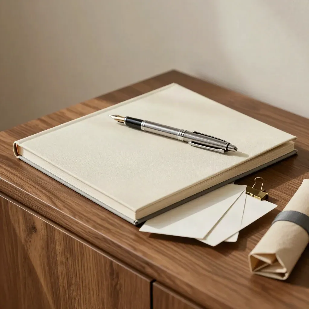 Cream bio-writing folio, pen, closed notebook and proof cards on a walnut sideboard.