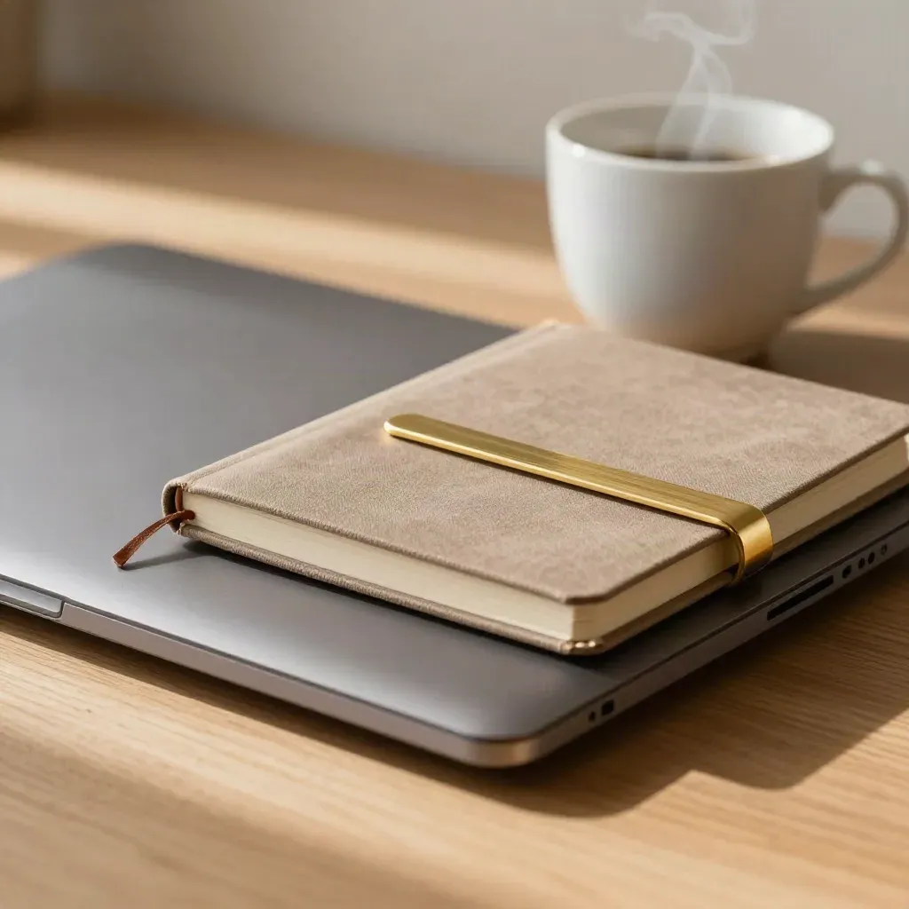 Closed laptop, cloth notebook, ceramic cup and brass bookmark in warm window light