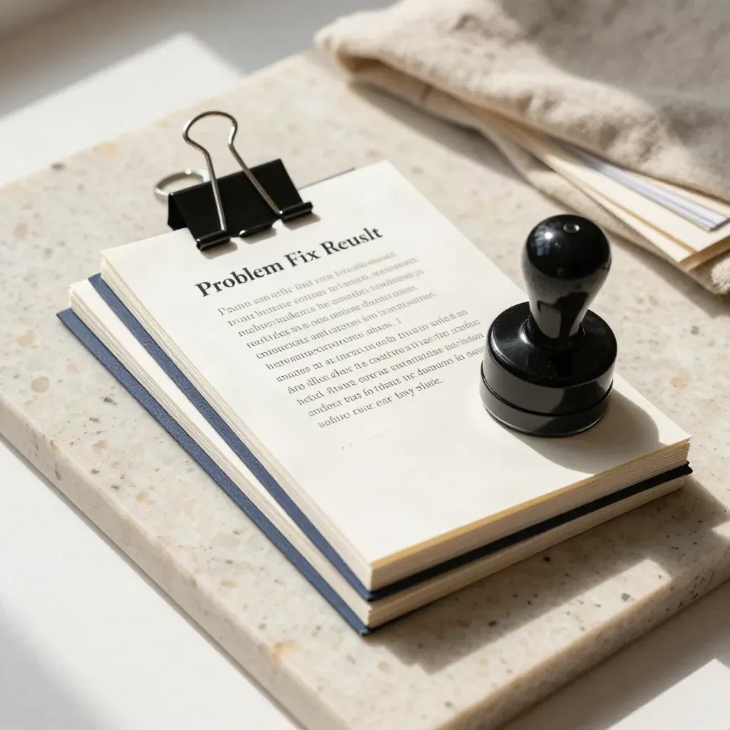 Top-down case-study cards, binder clip and stamp pad on pale travertine.