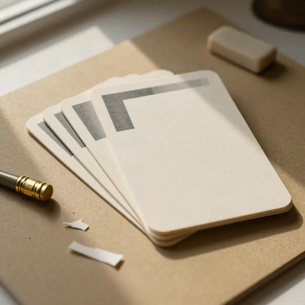 Fanned testimonial cards clipped on a blotter with eraser crumbs and soft daylight.
