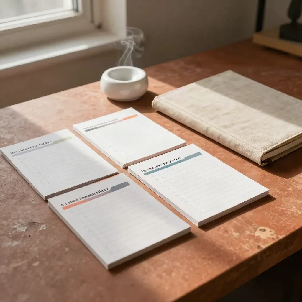 Four color-tabbed cards, closed notebook, and ceramic paperweight on a terracotta worktop
