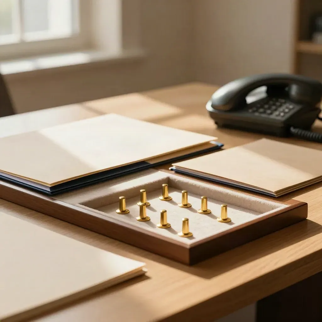 Bright consulting desk with folders, phone, and six brass markers in warm window light