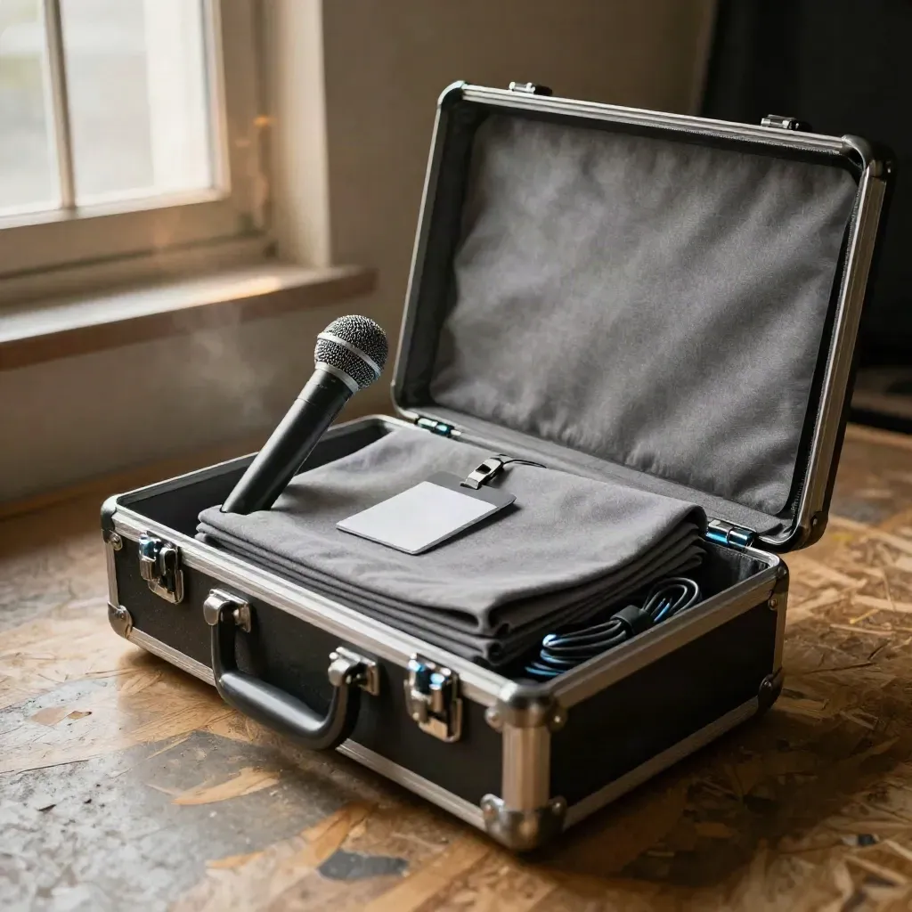 Backstage speaker booking kit with mic, flight case, lectern cloth and badge card in warm haze.