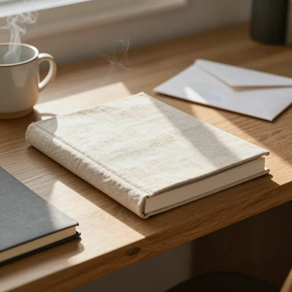 Oak shelf with a portfolio monograph, closed notebook, ceramic cup and sealed envelope in daylight.
