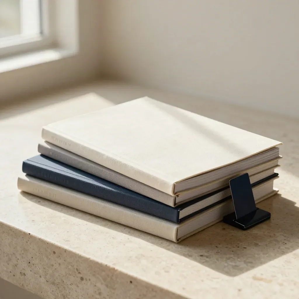 Fanned case-study booklets on travertine with a dark paperweight and navy clip, in soft daylight.