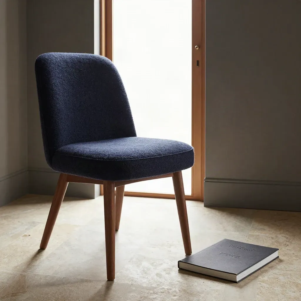 Moody interior with sculptural chair, booklet, and bright doorway of light.