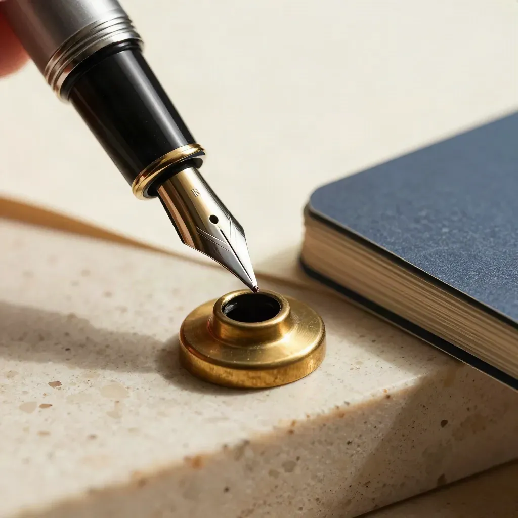 Macro of a fountain pen nib, brass ink blotter and blue-edged cards on travertine.