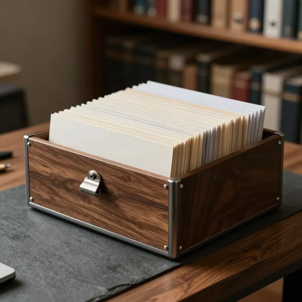 Tabbed index box and steel clips on a walnut surface, lit dramatically in a quiet studio.