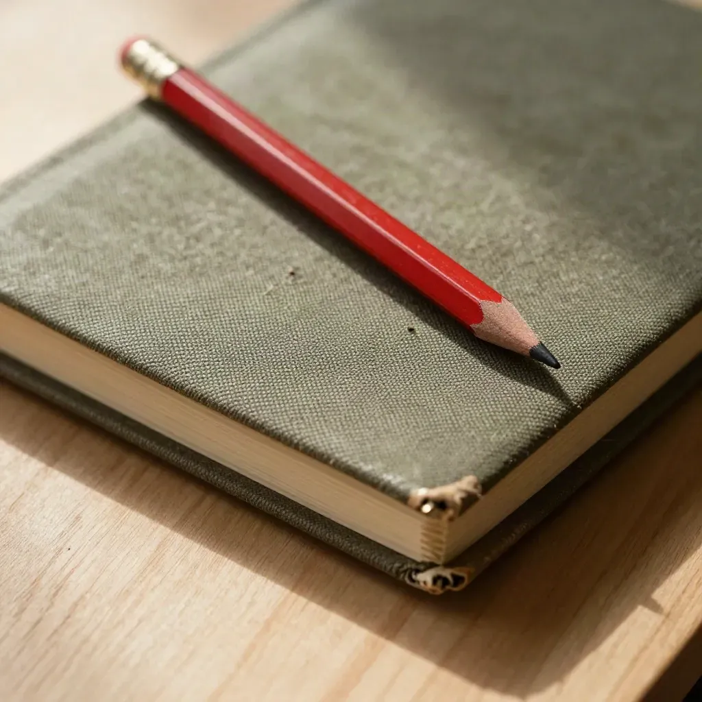 Linen notebook cover with red pencil, eraser crumbs, and clipped page corners in macro close-up