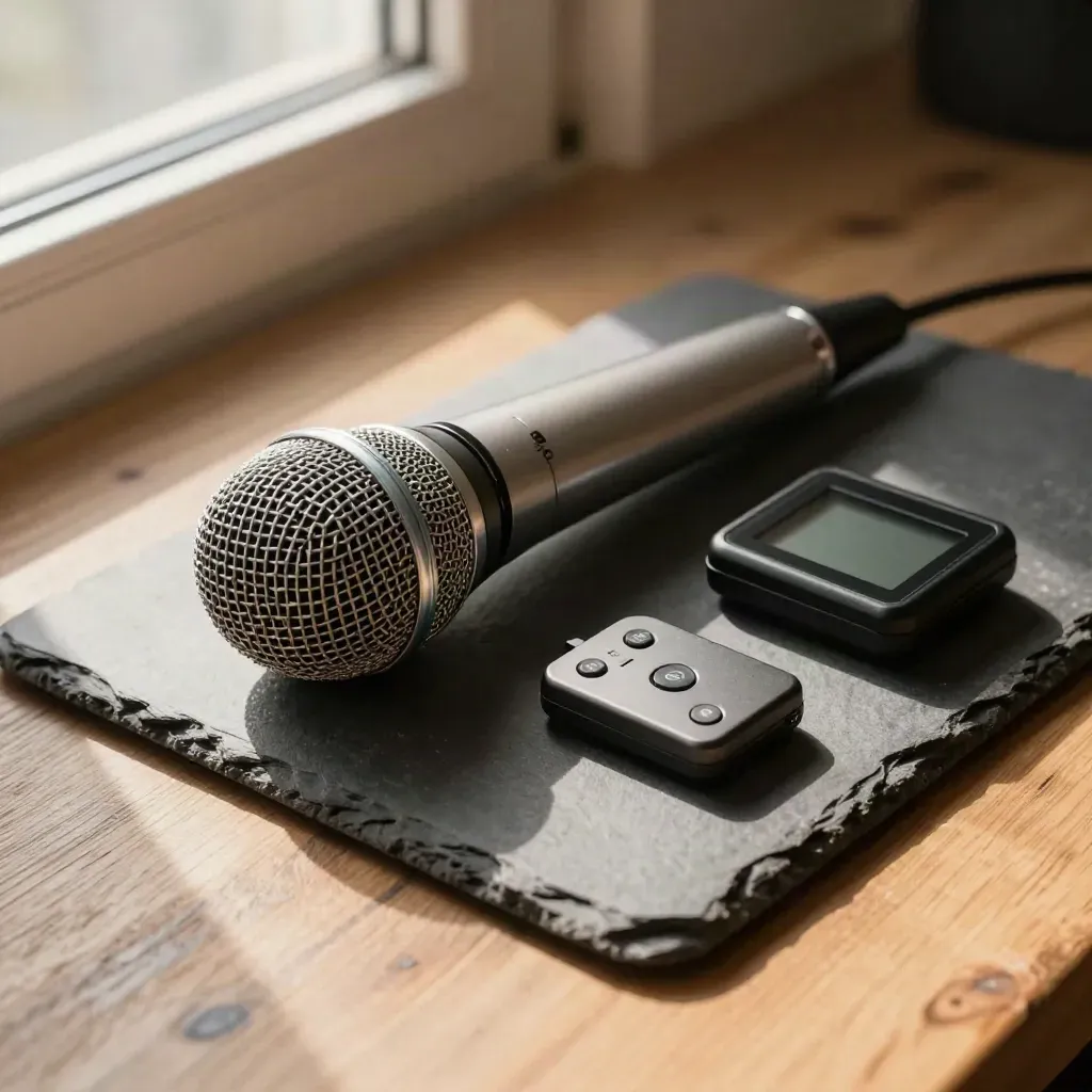 Microphone grille, clicker and timer on a slate tray in warm rehearsal light.