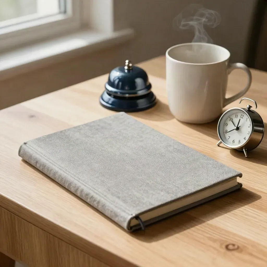 Notebook, desk bell, mug, and turned clock on pale wood, softly lit from one side.