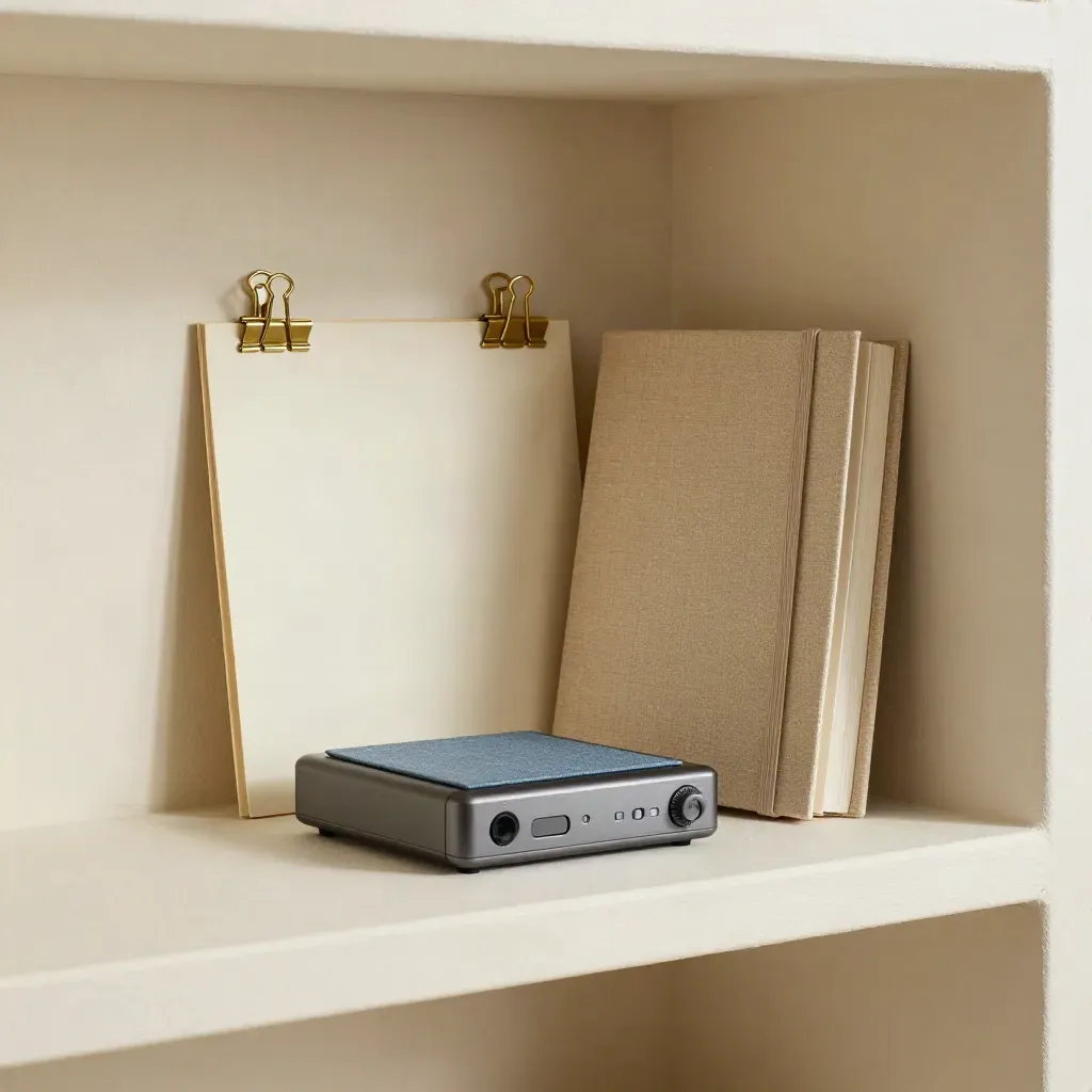 Audio recorder, transcript folder, brass clips and notebook on an off-white shelf in soft daylight.