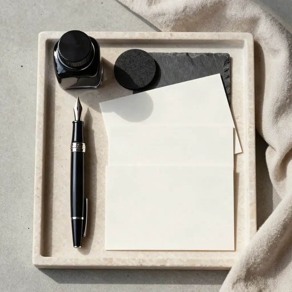 Top-down tray still life with fountain pen, ink bottle, blotter, and stepped index cards