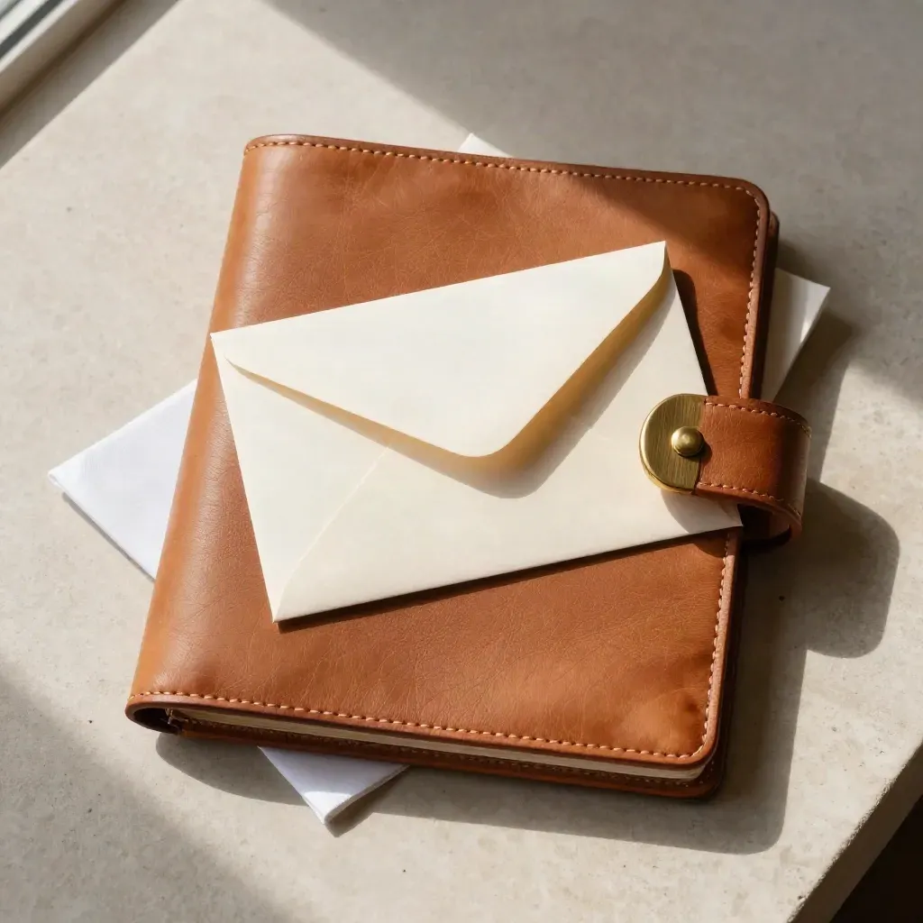 Top-down flatlay of a leather folio, brass clip, sealed envelope and ribbon on pale stone