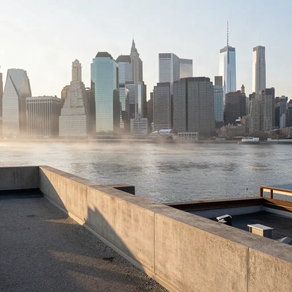 Manhattan skyline above a hazy East River from a Brooklyn rooftop at sunrise