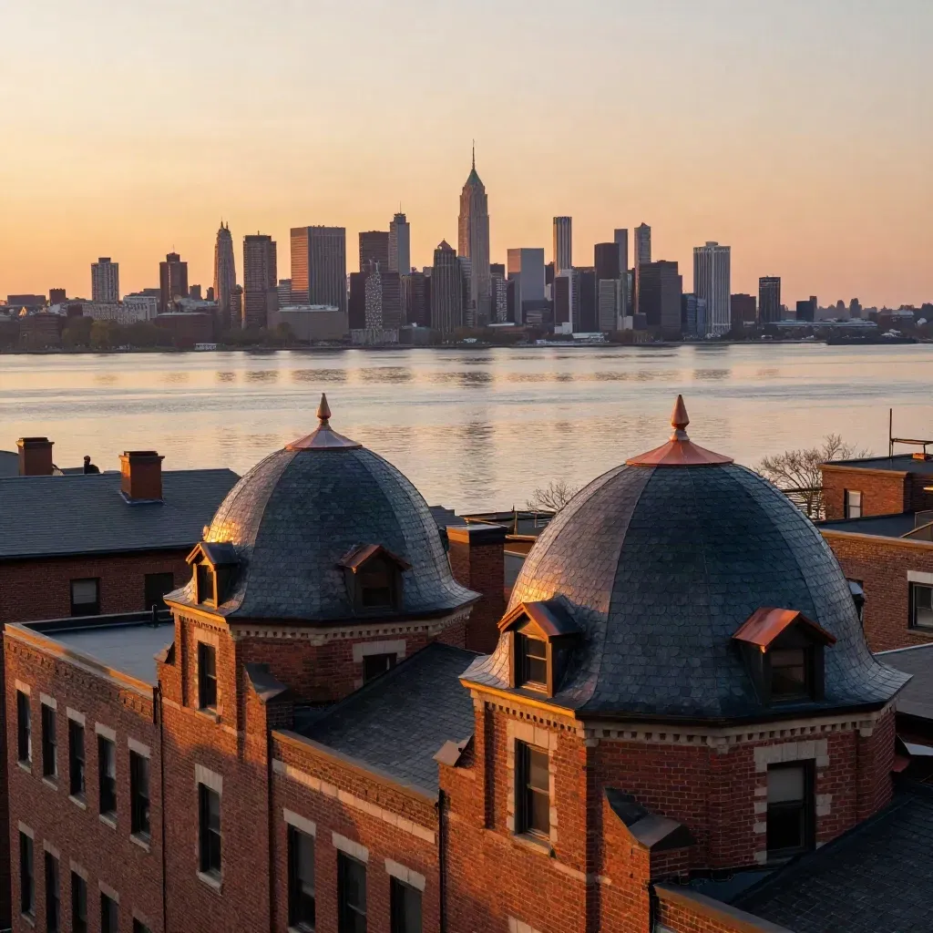 Back Bay rooftops and the Charles River glowing at sunset beneath the Boston skyline.
