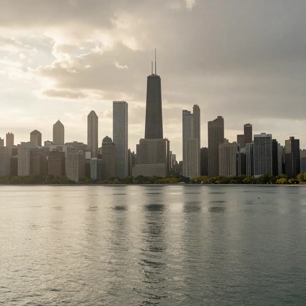 Chicago skyline over calm lake water after storm clearing, with haze and reflective light
