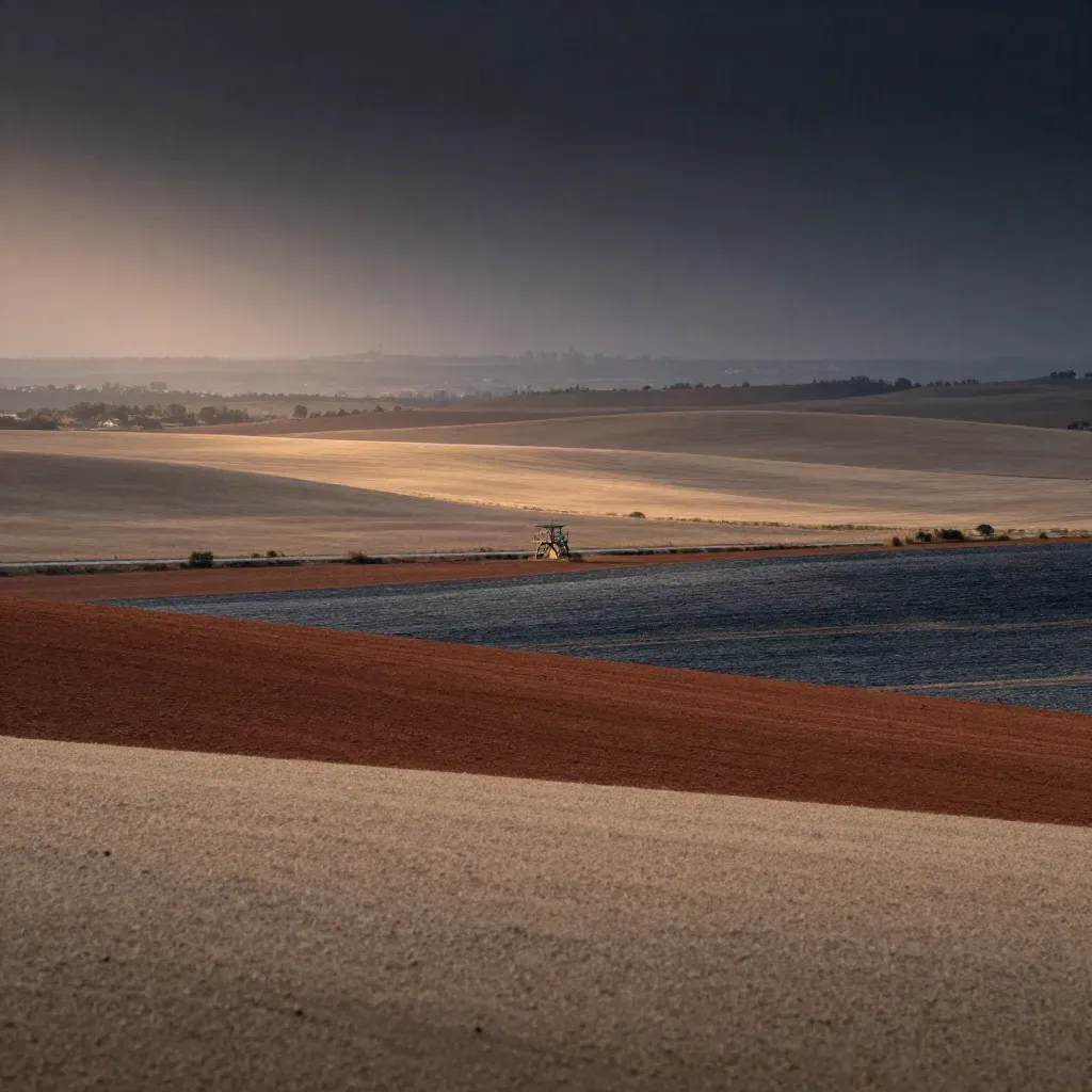 Prairie fields and a faint city glow at dusk, with calm open ground reserved for copy.
