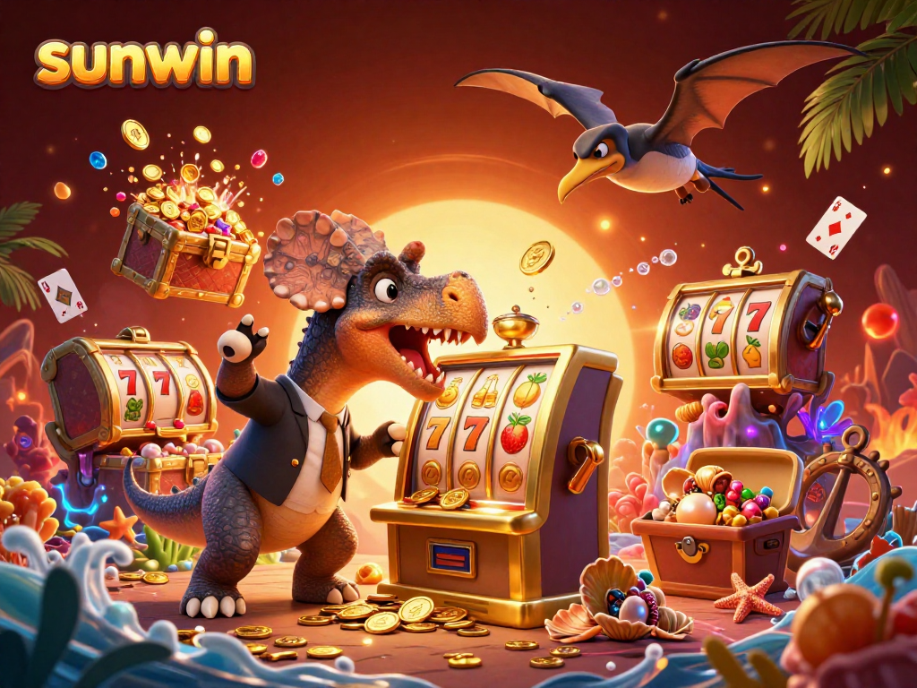 sunwin brings exciting jackpot wins with a pachycephalosaurus headbutting a slot machine in a vibrant casino scene