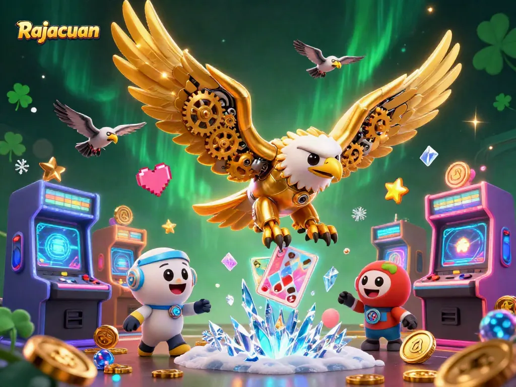 Rajacuan captivates players with a dynamic illustration of a cybernetic eagle soaring through vibrant holographic gaming elements.