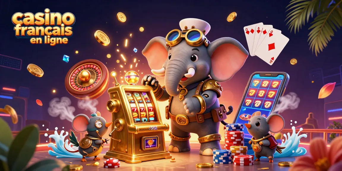 Découvrez une illustration dynamique d'un casino français en ligne avec un éléphant ingénieur steampunk et des machines à sous.