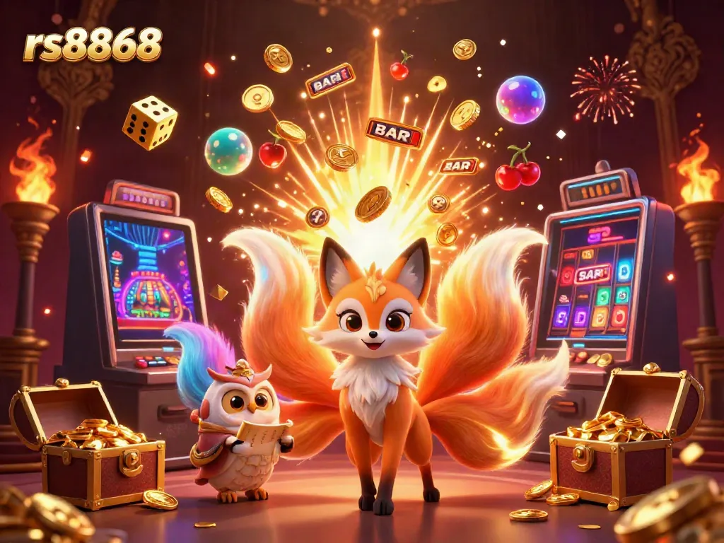 Engage in thrilling action at rs8868's vibrant online casino with a stunning jackpot scene featuring colorful characters and dynamic game elements.