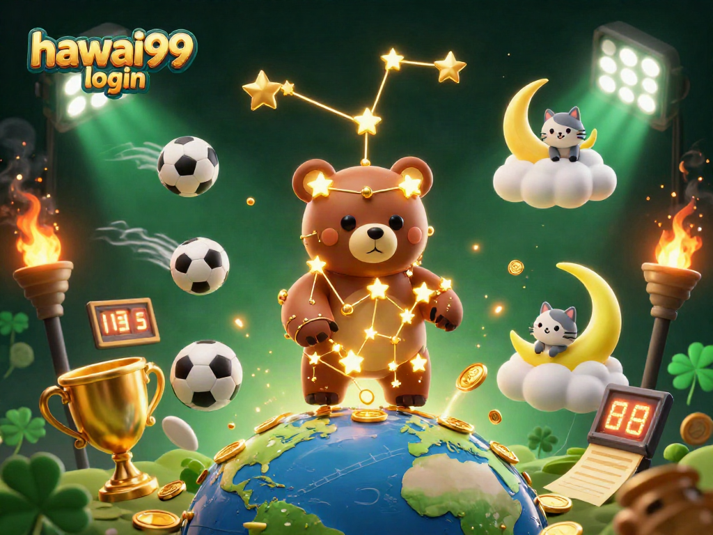 Join the fun with hawai99 login as the constellation bear scoops coins amidst a dynamic sports scene.