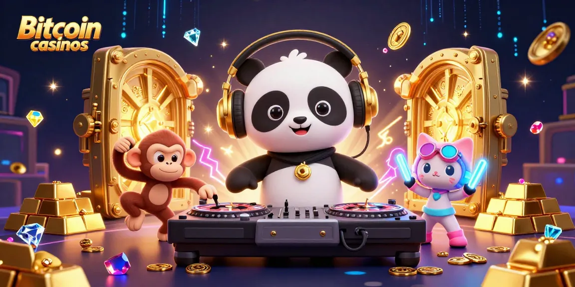 Découvrez les Bitcoin casinos avec un panda DJ, un singe danseur et un chat rave dans un décor vibrant.