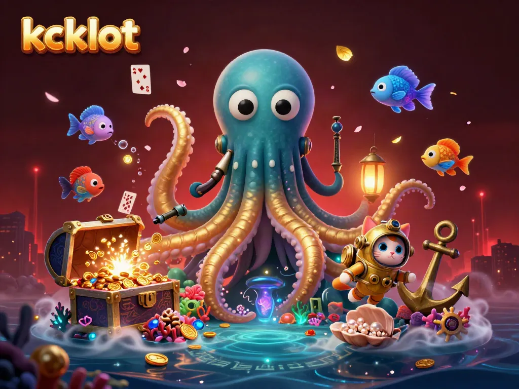 kckslot menampilkan ilustrasi menarik permainan slot dengan lengan emas dan lautan harta karun.