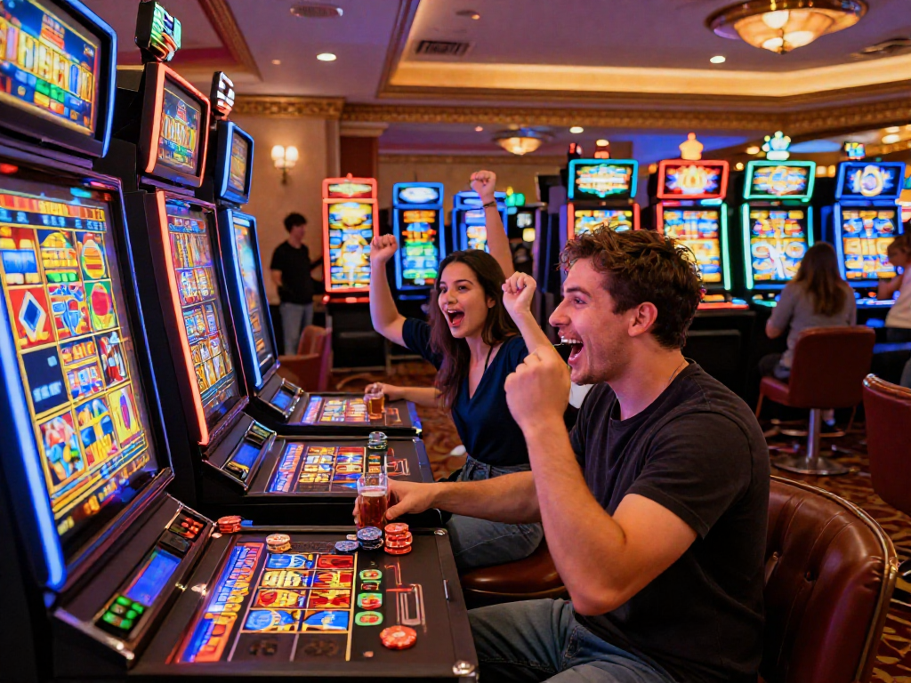 slot gacor winners celebrating amidst colorful slot machines in vibrant casino