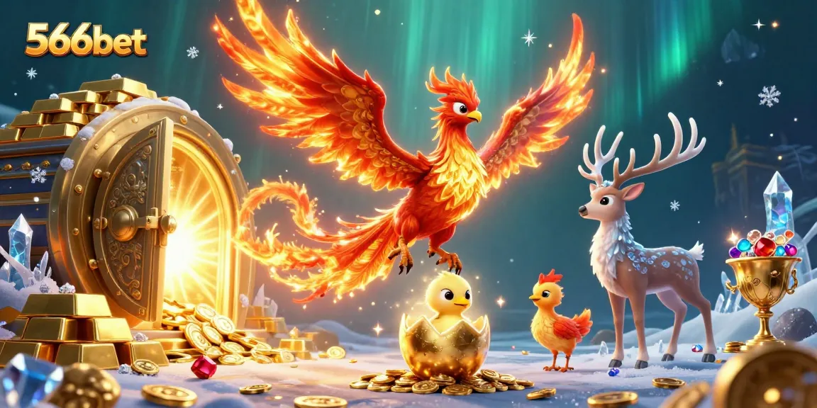Engage with the vibrant world of 566bet featuring a phoenix, baby chick, and mystical stag amidst gold treasures.
