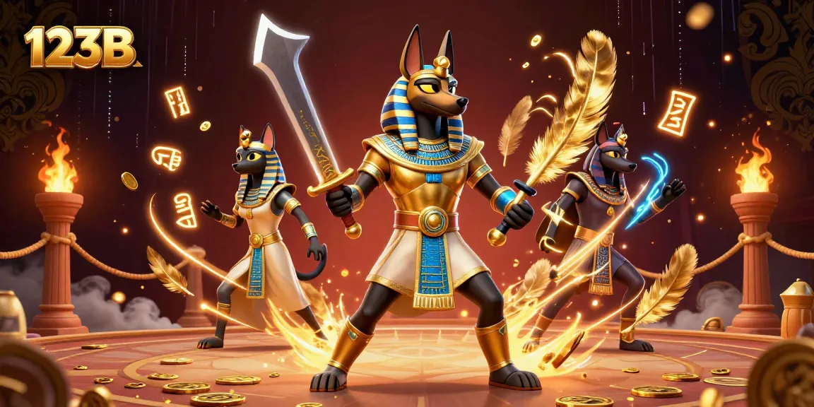 Engage in thrilling gameplay at 123B with a dynamic scene of Anubis and Bastet amidst glowing casino elements.