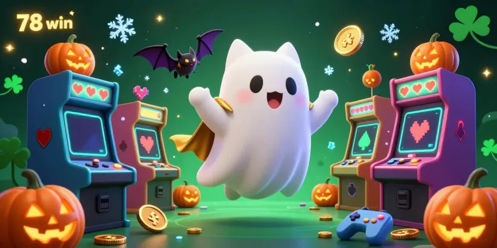 Experience thrills with 78 win in a ghostly casino scene filled with vibrant gaming elements and festive spirit.