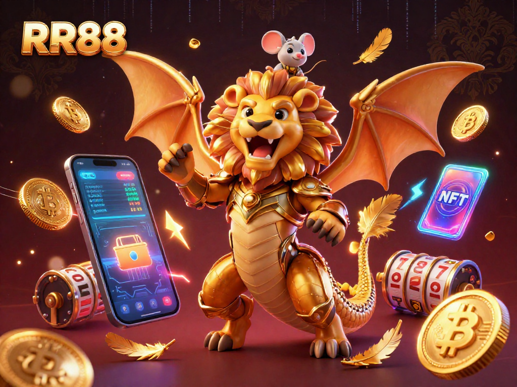 Experience the thrill of RR88 with a golden chimera and crypto elements in a vibrant casino scene.