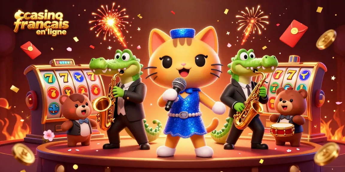 Illustration dynamique de l'animation de casino français en ligne avec des personnages cartoon chantant, jouant du saxophone et de la batterie entourés d'éléments de jeu scintillants.