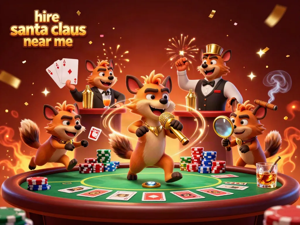 Engaging scene of hyenas in a comedy casino club promoting to hire Santa Claus near me during festive celebrations.