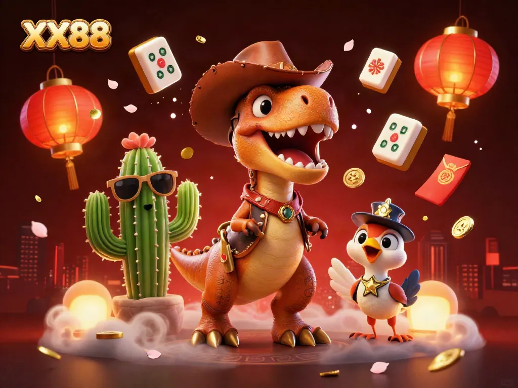 Spin and win at XX88 with a vibrant casino-themed illustration featuring unique characters and festive elements.