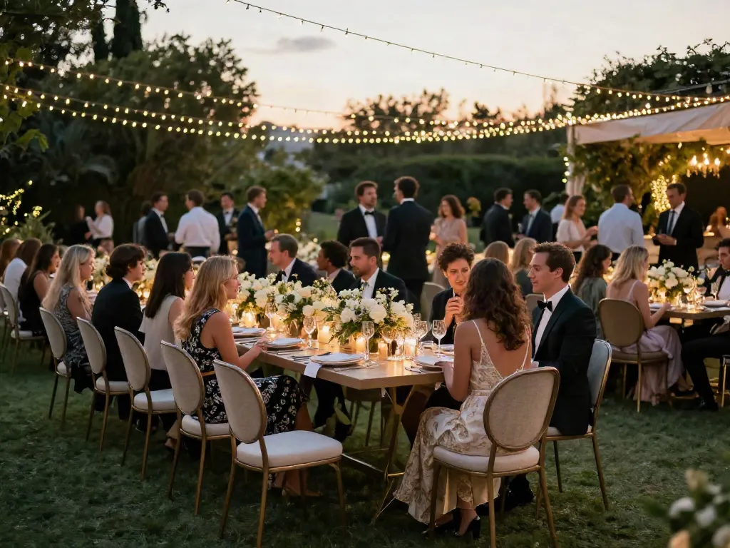 Event furniture rental featuring elegantly set banquet table and stylish decor for a luxurious outdoor gathering.