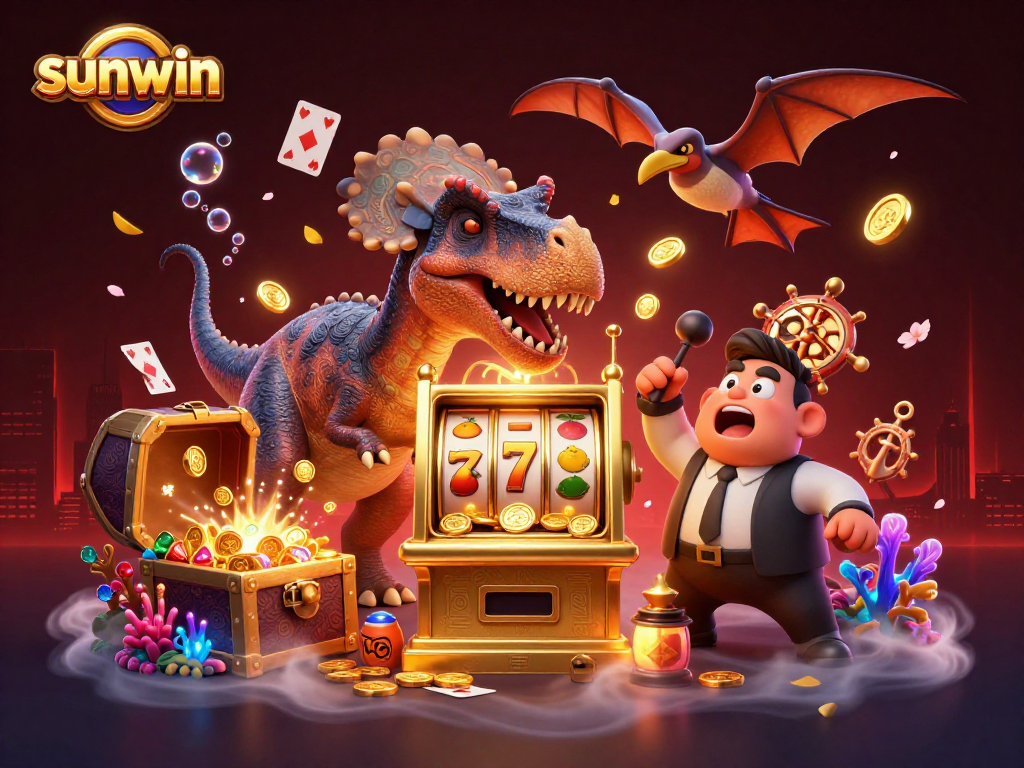 Engage in thrilling gameplay with sunwin as a pachycephalosaurus wins a jackpot amid flying coins and vibrant casino elements.