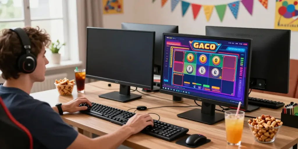 Excited player immersed in slot gacor online gaming experience with vibrant interface.