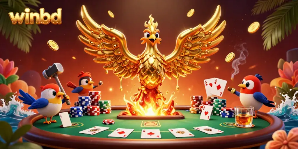Engage with winbd: Experience thrilling poker action featuring a molten phoenix and golden elements.
