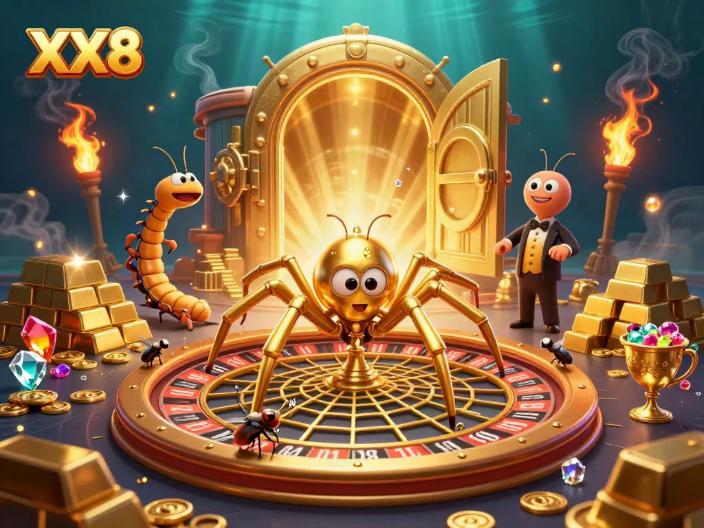 Witness the thrilling XX8 casino scene with golden spider and centipede croupier spinning bets.