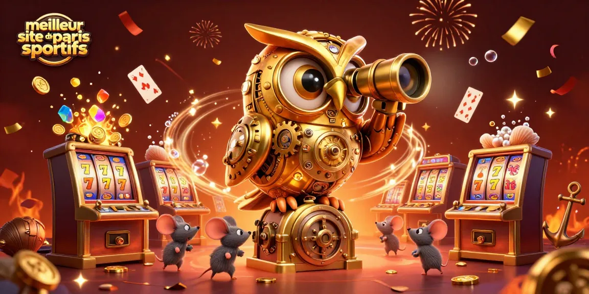 Image dynamique célébrant le meilleur site de paris sportifs avec une chouette dorée et des machines à sous