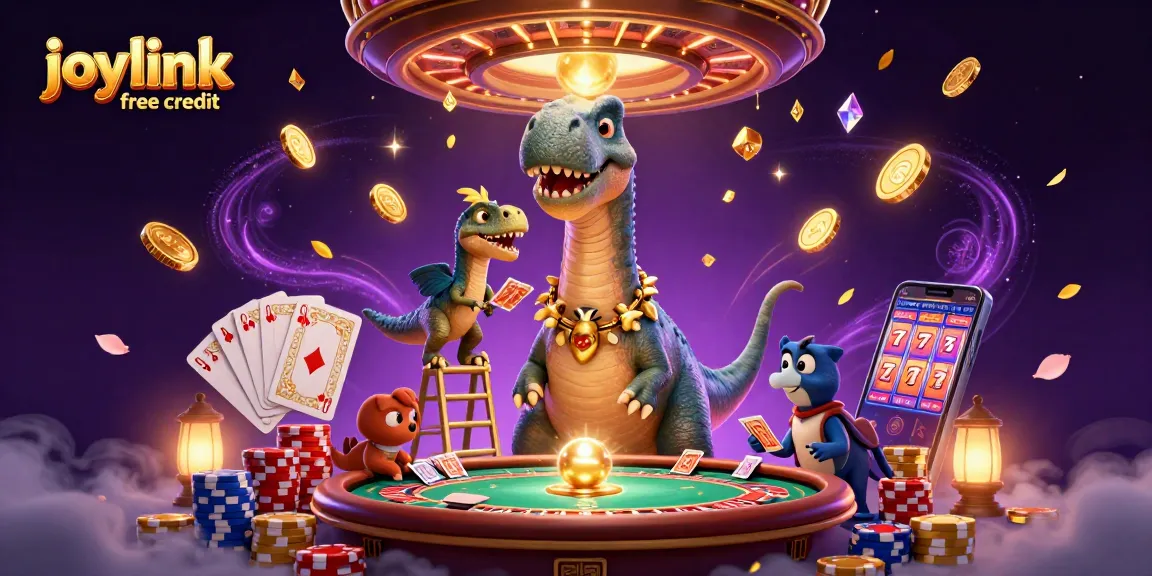 Play and win with joylink free credit in a vibrant casino adventure featuring dinosaurs and luck.