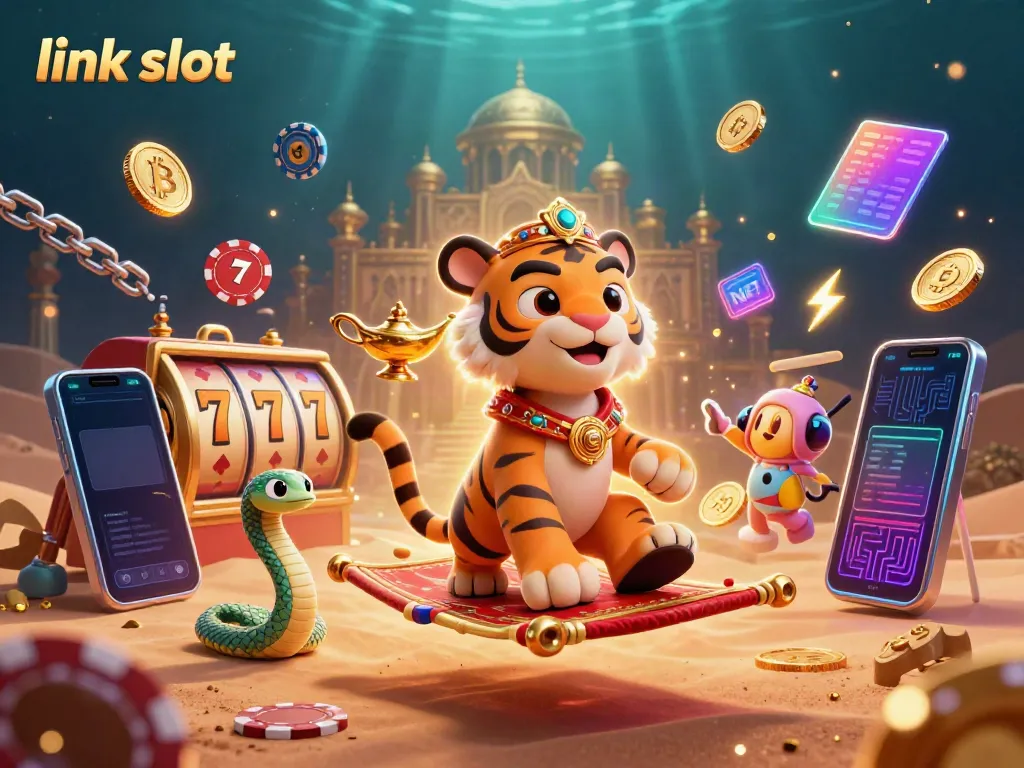 Experience the thrill of slots in a vibrant link slot scene featuring a tiger sultan and crypto elements.