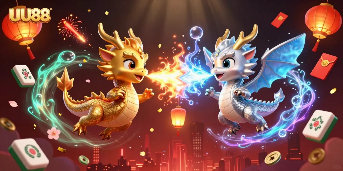 Engage with UU88's thrilling casino experience featuring gold and silver dragons in a vibrant, dynamic setting.